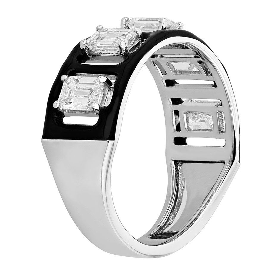 Emerald Cut Diamond Window Ring in Black Enamel & White Gold