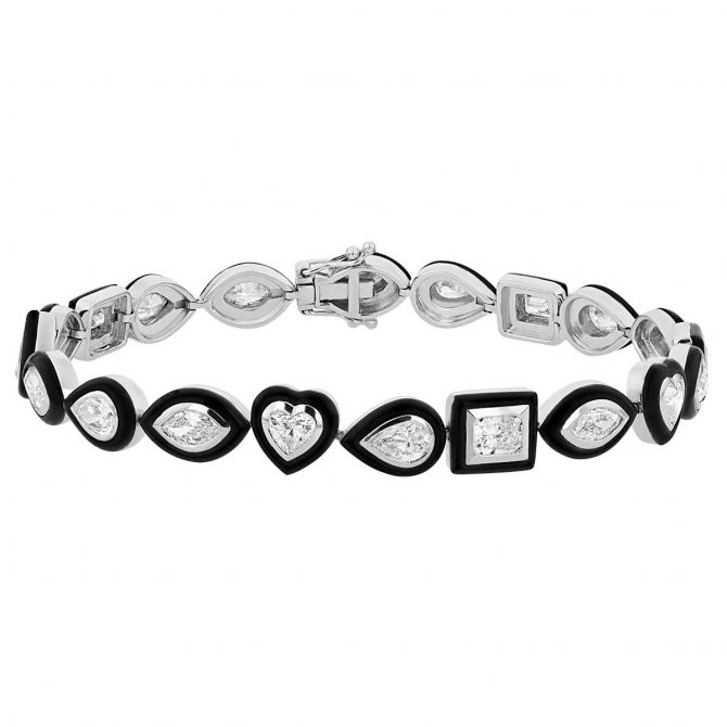 Multi Shape Diamond & Black Onyx Bracelet in White Gold, 7"