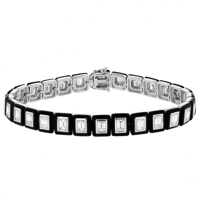 Emerald Cut Diamond & Black Onyx Rectangle Link Tennis Bracelet in White Gold, 7"