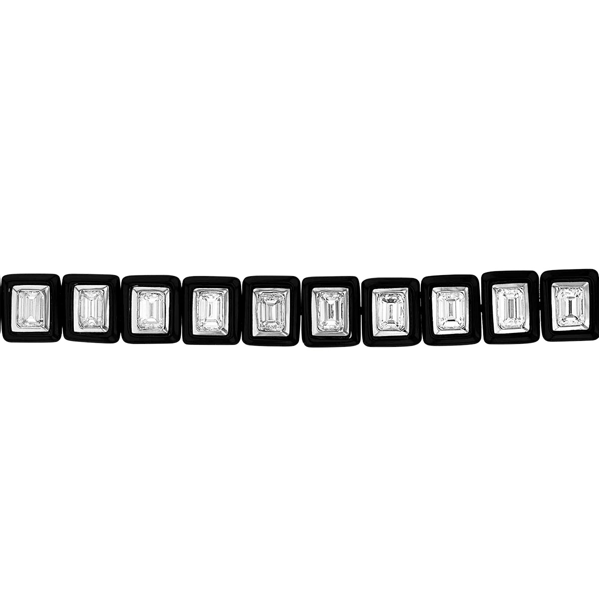Emerald Cut Diamond & Black Onyx Rectangle Link Tennis Bracelet in White Gold, 7