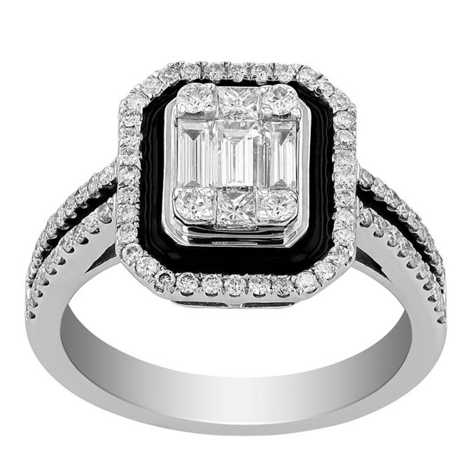Diamond Mosaic Halo Ring with Black Enamel in White Gold