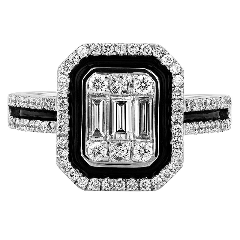 Diamond Mosaic Halo Ring with Black Enamel in White Gold