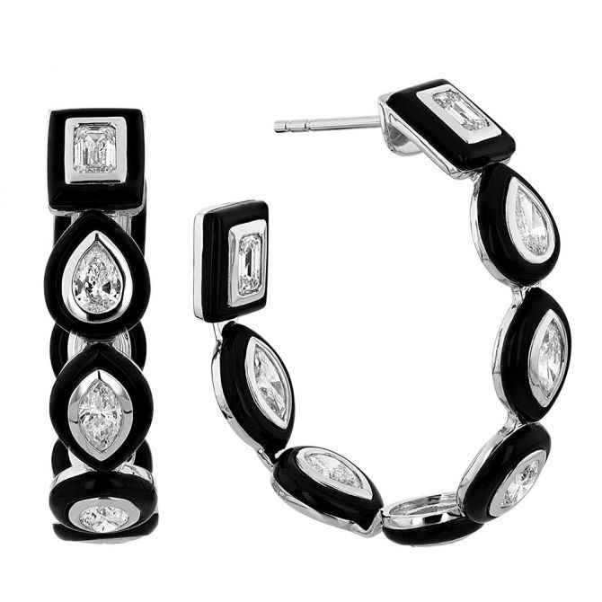 Multi Shape Diamond & Black Onyx Hoop Earrings in White Gold