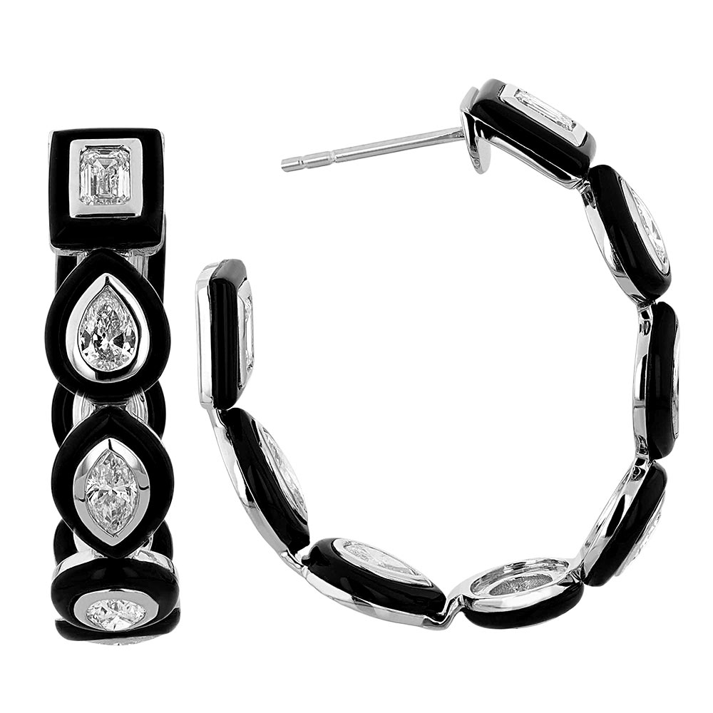 Multi Shape Diamond & Black Onyx Hoop Earrings in White Gold