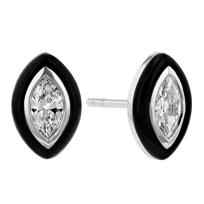 Marquise Diamond & Black Onyx Frame Navette Stud Earrings in White Gold