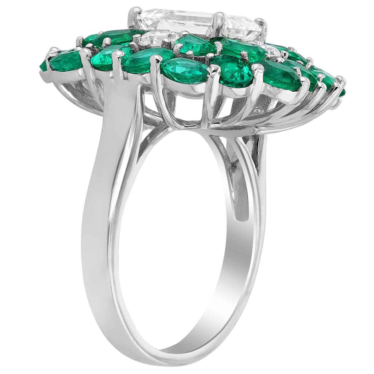 Emerald & Diamond Multi Shape Cluster Cocktail Ring in White Gold