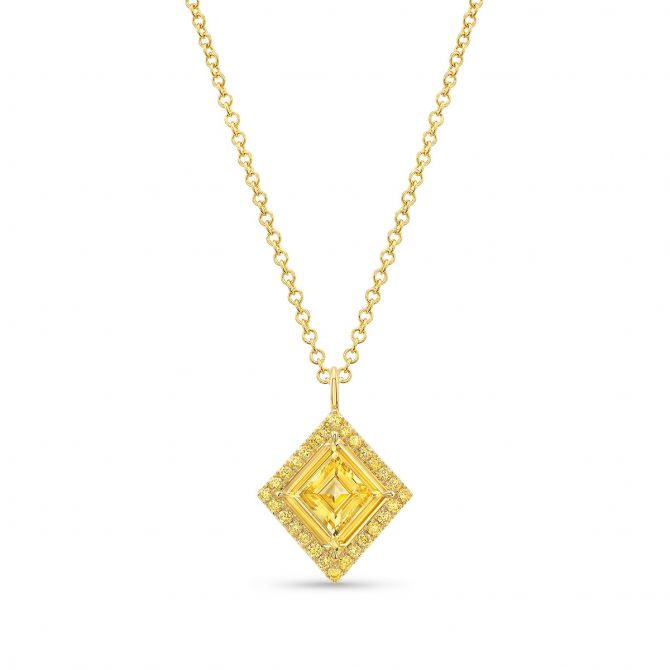 Rahaminov Fancy Intense Yellow Rhomboid Diamond Halo Pendant in 18K Yellow Gold