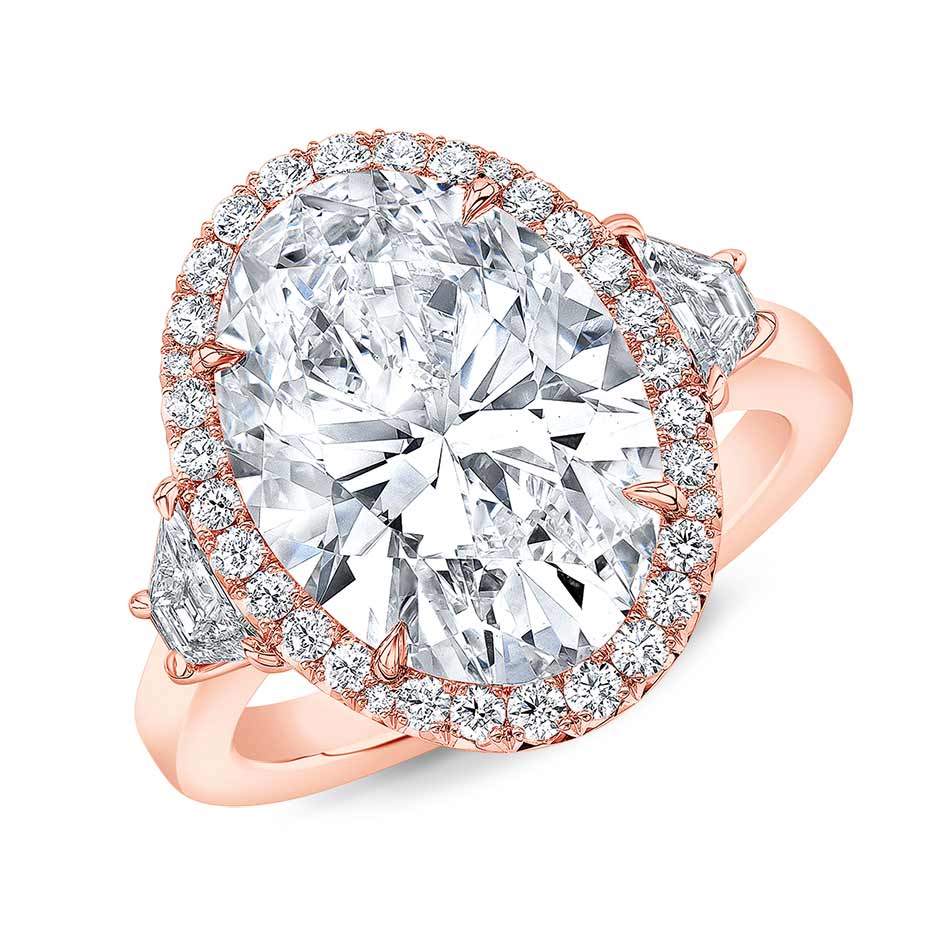 Rahaminov Oval Diamond Ring with Halo & Trapezoid Side Stones in 18K Rose Gold