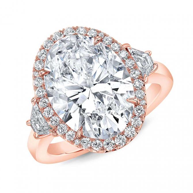 Rahaminov Oval Diamond Ring with Halo & Trapezoid Side Stones in 18K Rose Gold