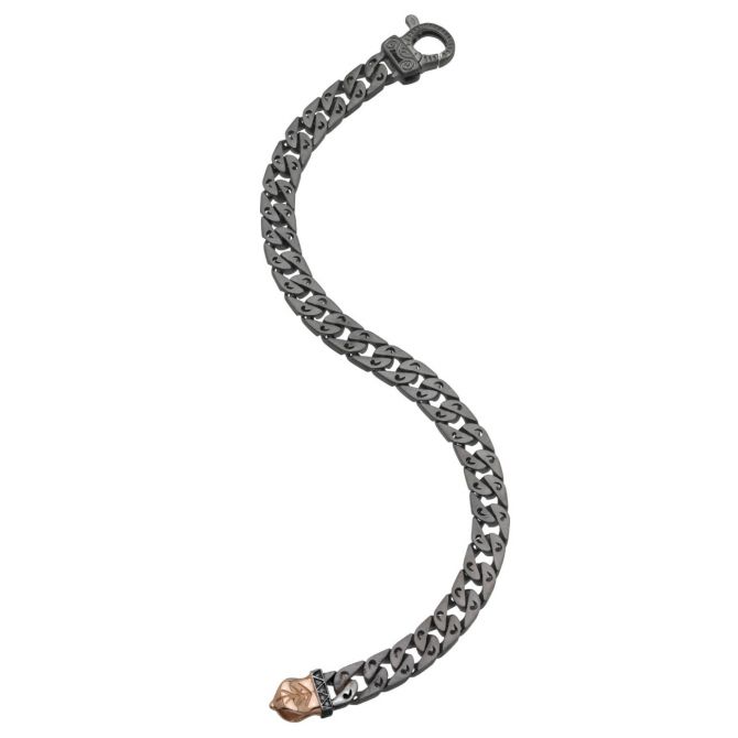 Marco Dal Maso Flaming Tongue Logo 6 mm Oxidized Silver Link Bracelet with Rose Tone and Diamonds