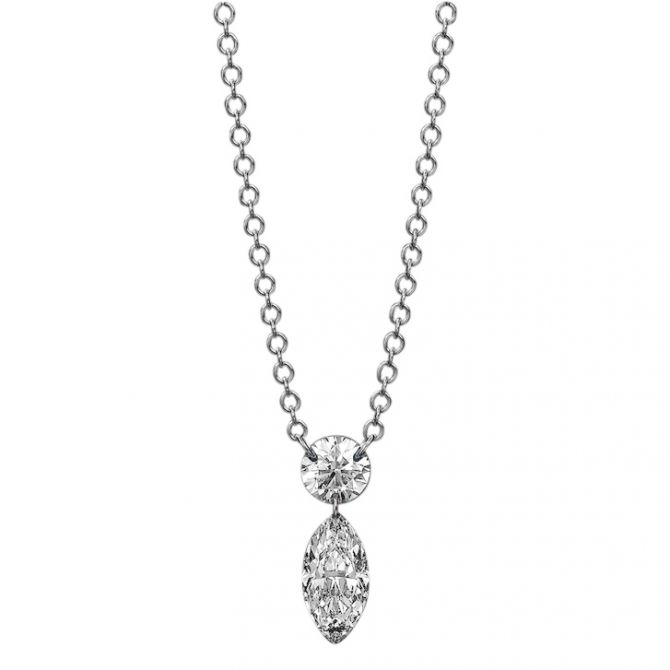 Aresa Morrison Round & Marquise 2 Diamond Pendant in White Gold, 18"