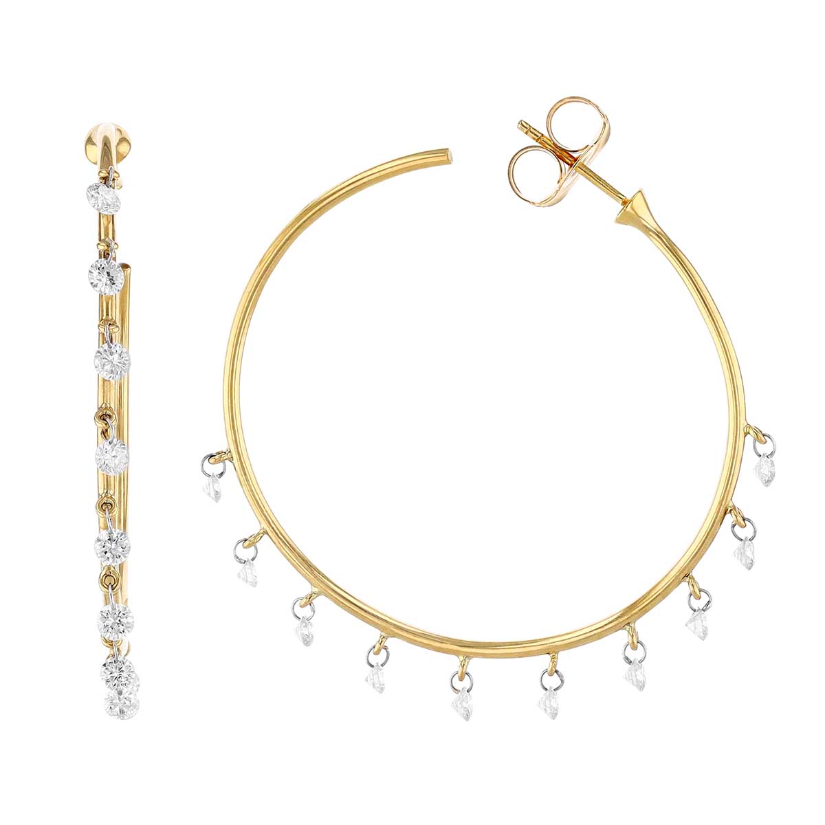 Aresa Hepworth Yellow Gold Open Hoop Earrings with 10 Diamond Drop Fringe