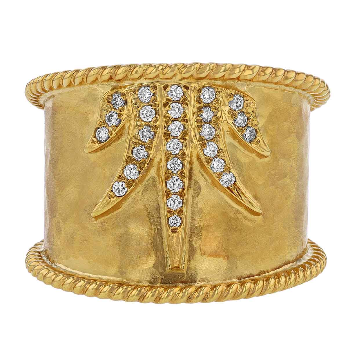 Marika Oval Hammered Yellow Gold Ring with Diamonds