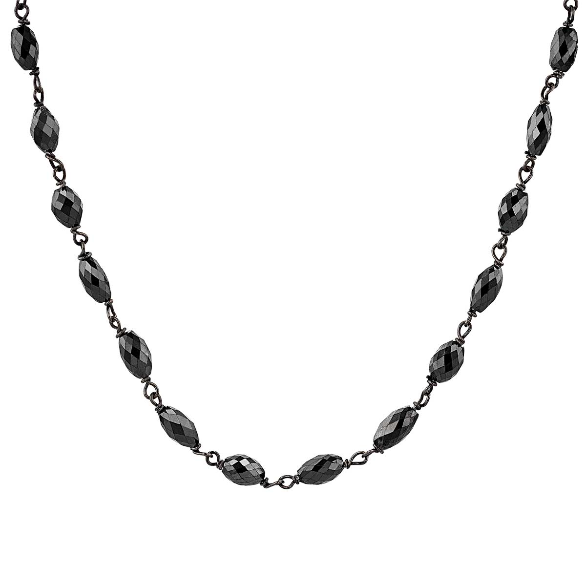 Black Diamond Faceted Oval Bead Necklace in White Gold with Black Rhodium, 35.5