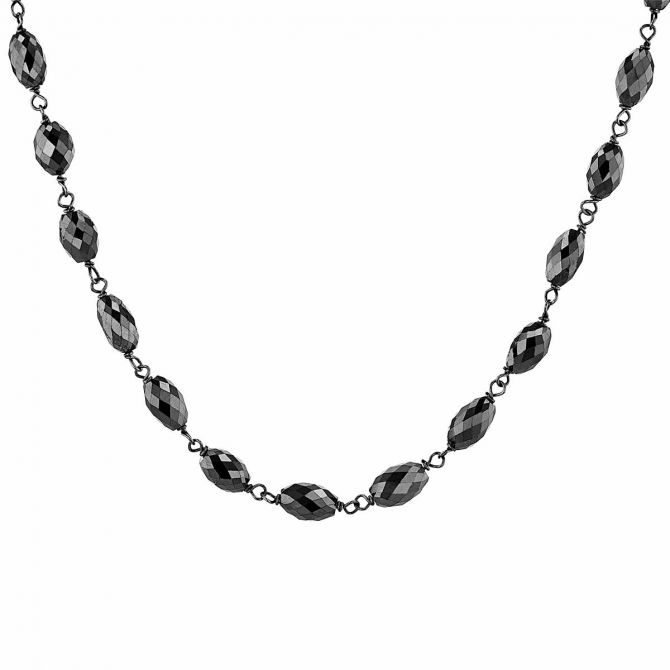 Black Diamond Faceted Oval Bead Necklace in White Gold with Black Rhodium, 17"