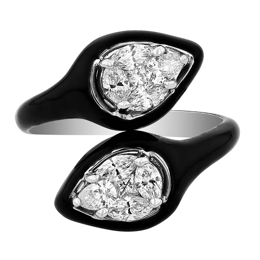 Diamond Cluster Double Teardrop Bypass Ring in White Gold with Black Enamel