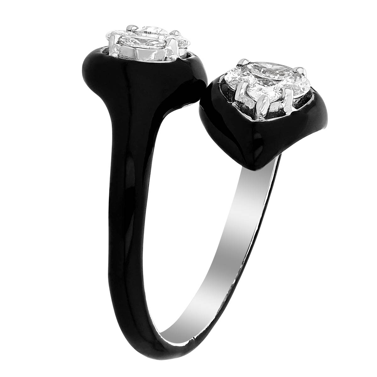 Diamond Cluster Double Teardrop Bypass Ring in White Gold with Black Enamel