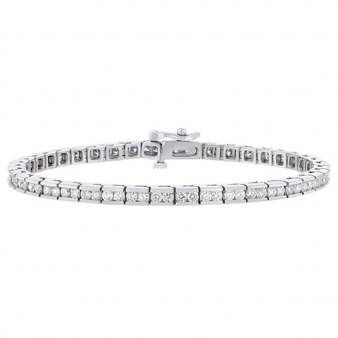Diamond Channel Set Link Tennis Bracelet in White Gold, 2.45 aptw