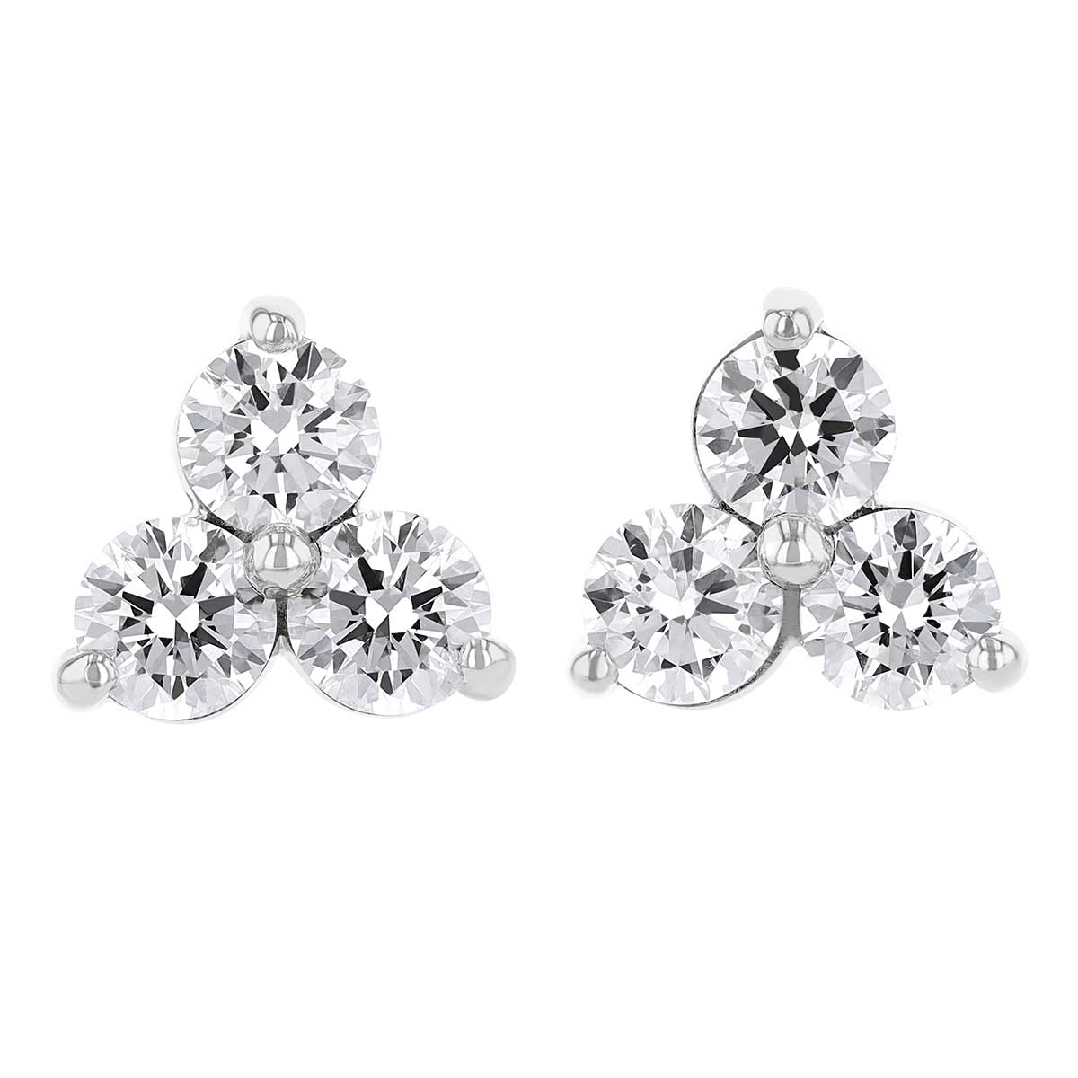 Diamond 3 Stone Cluster Triangle Stud Earrings in White Gold