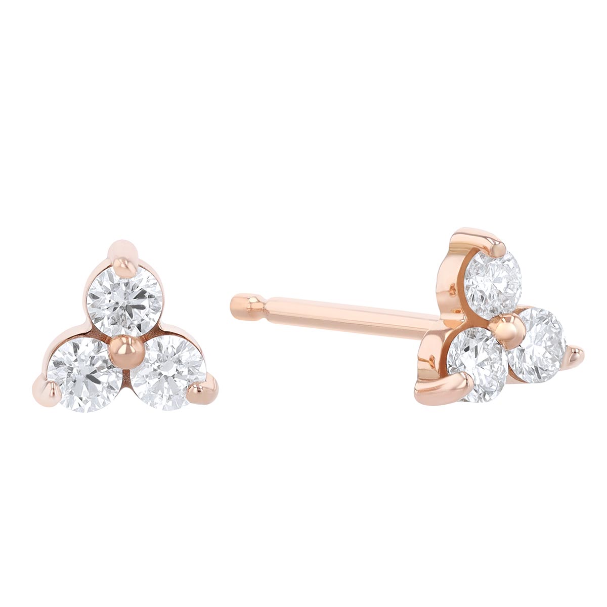 Diamond 3 Stone Cluster Triangle Stud Earrings in Rose Gold