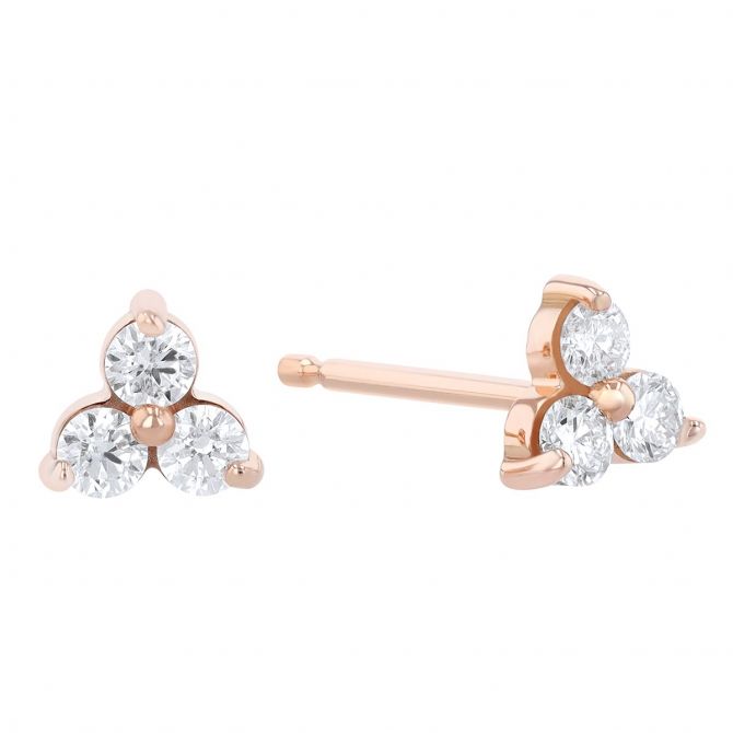 Diamond 3 Stone Cluster Triangle Stud Earrings in Rose Gold