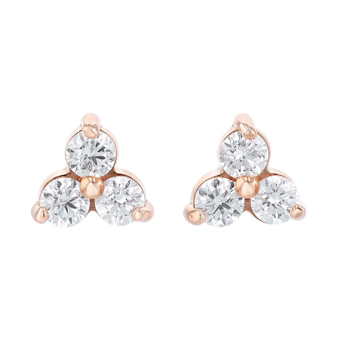 Diamond 3 Stone Cluster Triangle Stud Earrings in Rose Gold