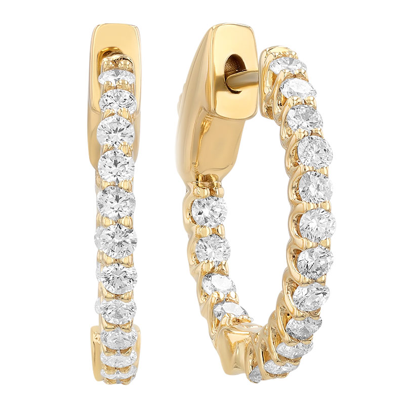 Diamond In & Out Huggie Hoop Earrings in Yellow Gold, 0.70 cttw