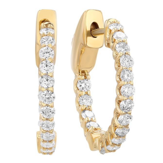 Diamond In & Out Huggie Hoop Earrings in Yellow Gold, 0.70 cttw
