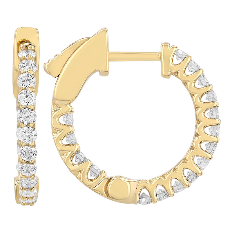 Diamond In & Out Huggie Hoop Earrings in Yellow Gold, 0.70 cttw