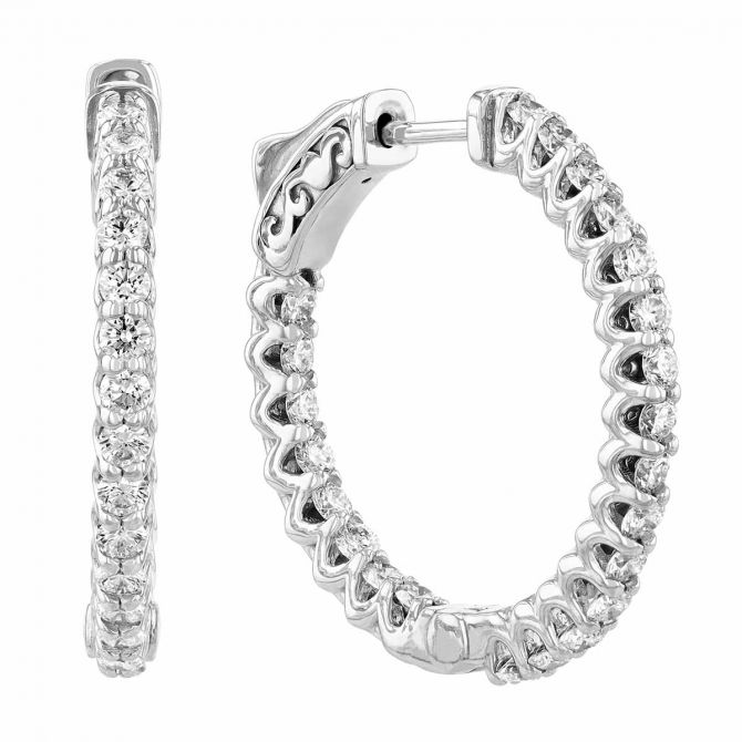 Diamond Inside Out U Prong Hoop Earrings in White Gold, 1.35 aptw