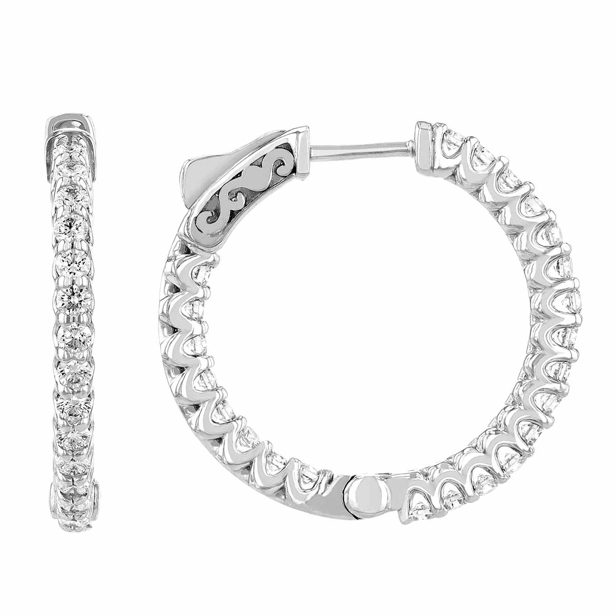 Diamond Inside Out U Prong Hoop Earrings in White Gold, 1.35 aptw