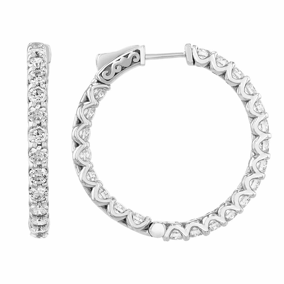 Diamond Inside Out U Prong Hoop Earrings in White Gold, 4.55 aptw