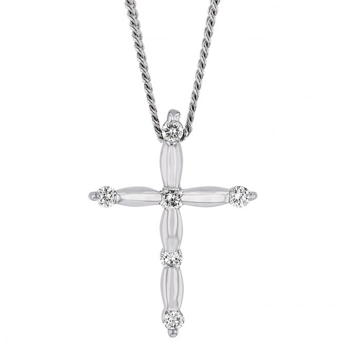 White Gold Sectioned Cross Pendant with 6 Diamonds, 16"