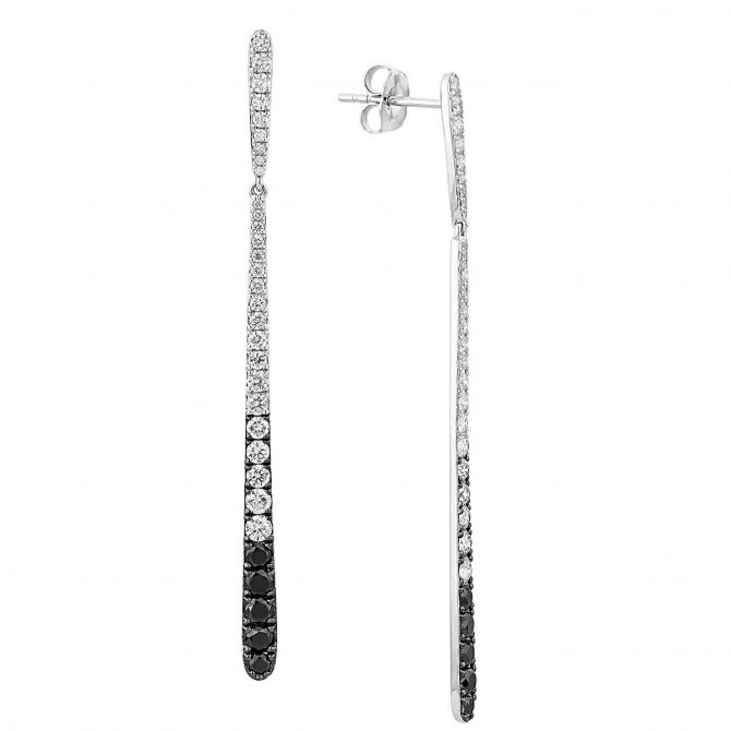 Black & White Diamond Long Drop Line Earrings in White Gold with Black Rhodium