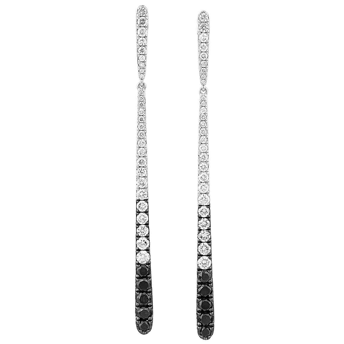 Black & White Diamond Long Drop Line Earrings in White Gold with Black Rhodium