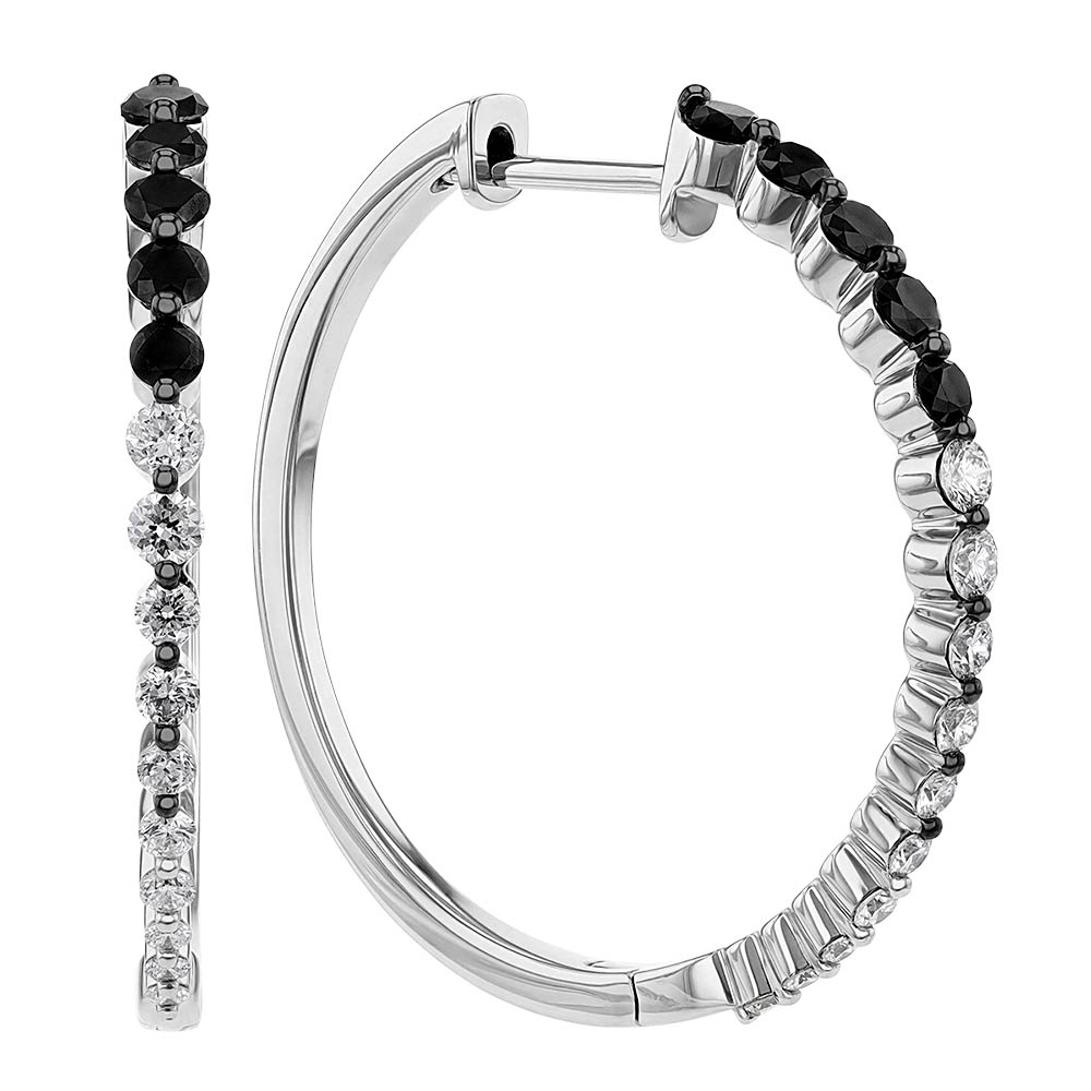 Black & White Diamond Graduated Hoop Earrings in White Gold with Black Rhodium, 0.78 cttw