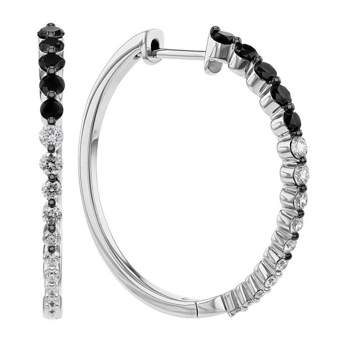 Black & White Diamond Graduated Hoop Earrings in White Gold with Black Rhodium, 0.78 cttw