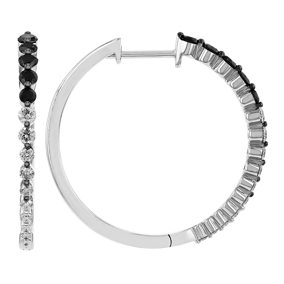 Black & White Diamond Graduated Hoop Earrings in White Gold with Black Rhodium, 0.78 cttw
