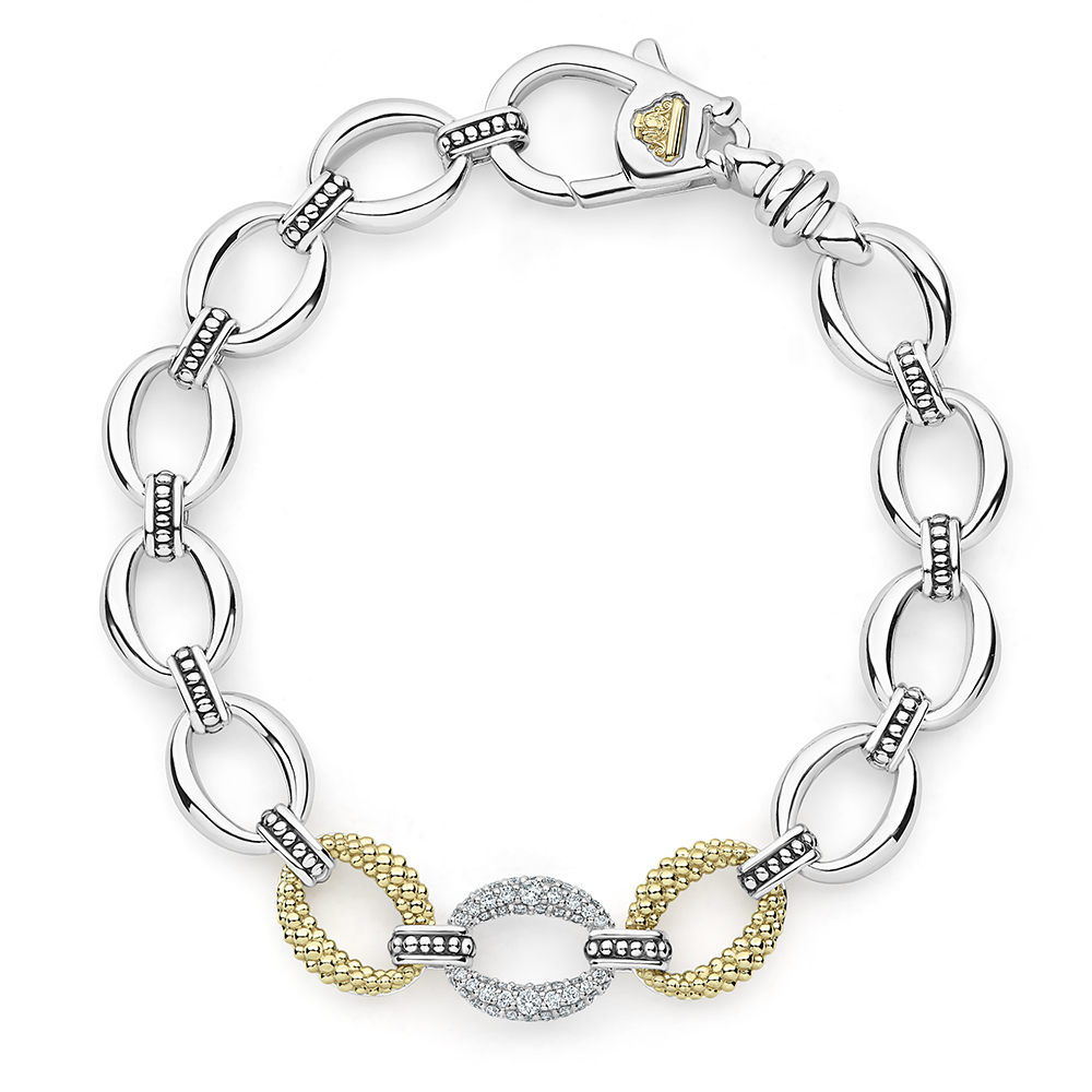 LAGOS Caviar Luxe Sterling Silver Link Bracelet with Diamond Pavé & Yellow Gold, 7