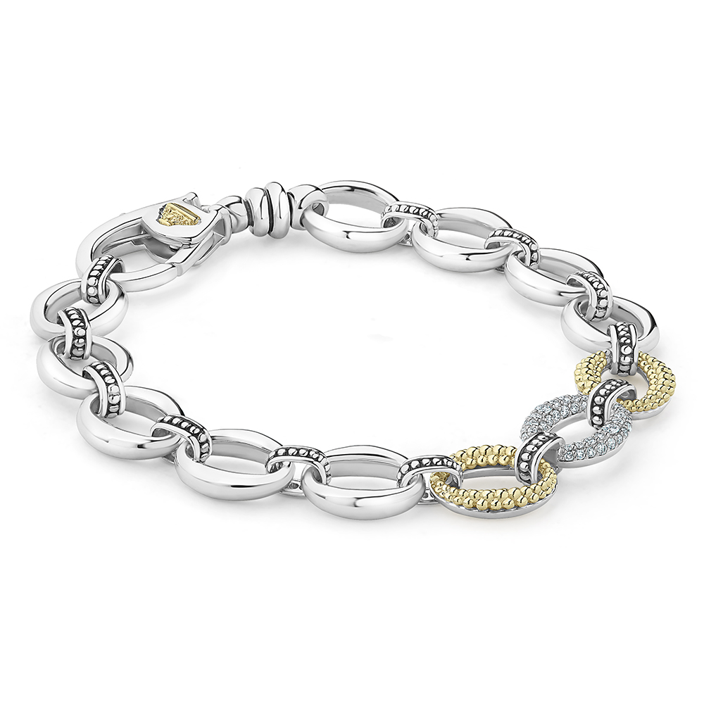 LAGOS Caviar Luxe Sterling Silver Link Bracelet with Diamond Pavé & Yellow Gold, 7