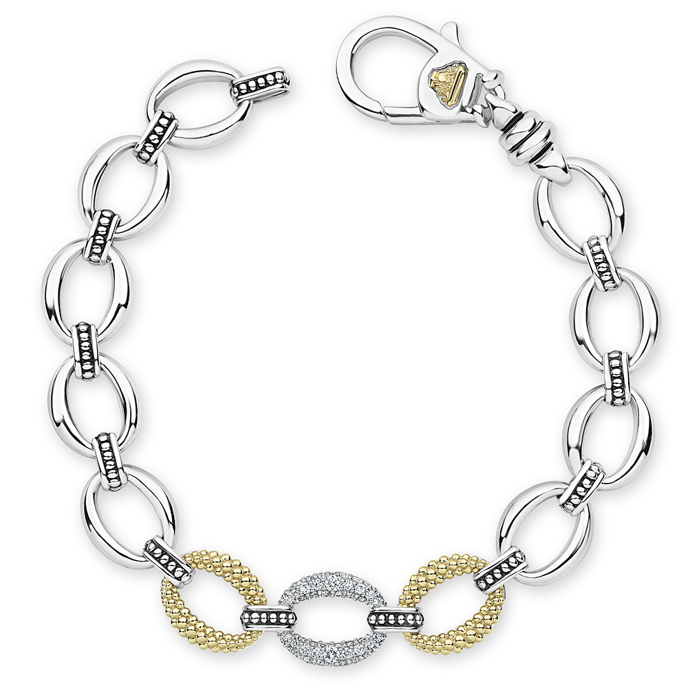 LAGOS Caviar Luxe Sterling Silver Link Bracelet with Diamond Pavé & Yellow Gold, 7