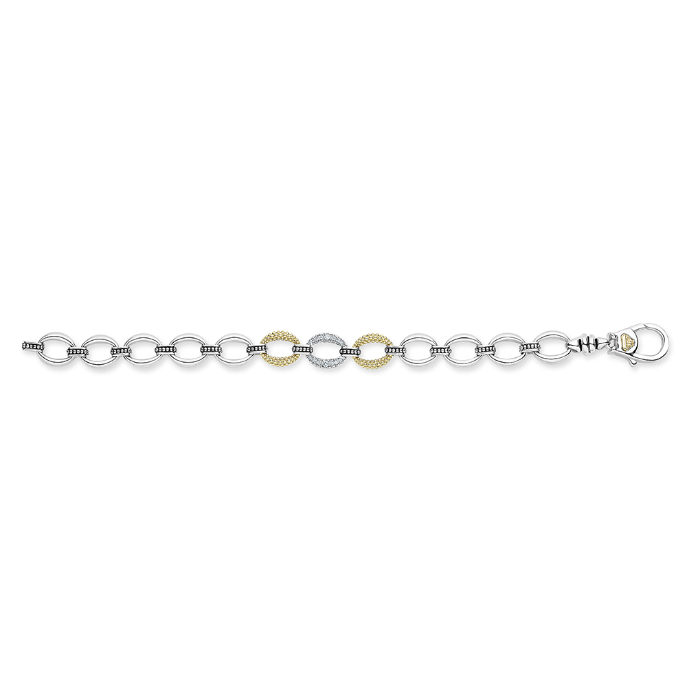 LAGOS Caviar Luxe Sterling Silver Link Bracelet with Diamond Pavé & Yellow Gold, 7