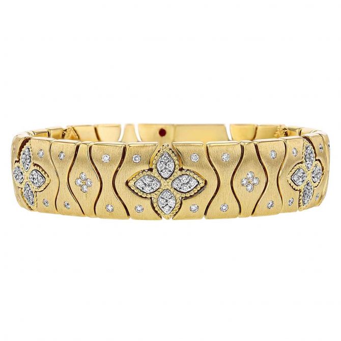 Roberto Coin Royal Princess Flower Diamond Satin Wide Bracelet in 18K Gold