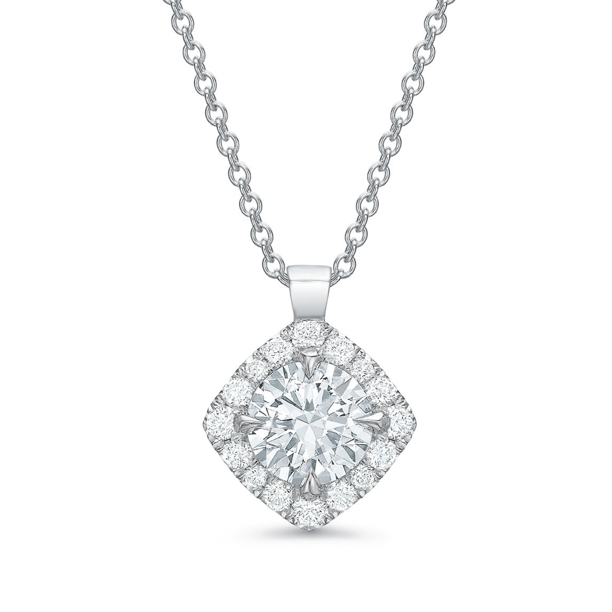 Kalahari Dream Round Diamond & Cushion Halo Pendant in 18K White Gold, 18