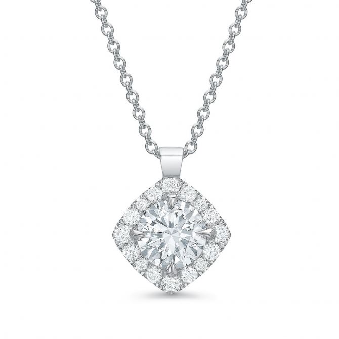 Kalahari Dream Round Diamond & Cushion Halo Pendant in 18K White Gold, 18"