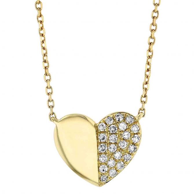 Half Diamond Pavé Heart Necklace in Yellow Gold, 18"