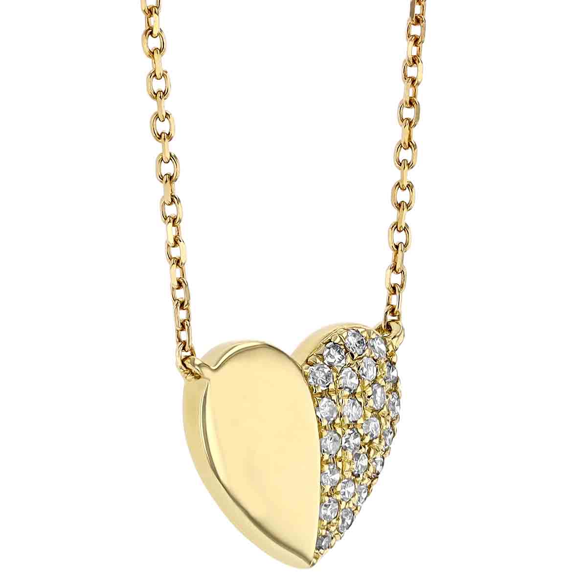 Half Diamond Pavé Heart Necklace in Yellow Gold, 18