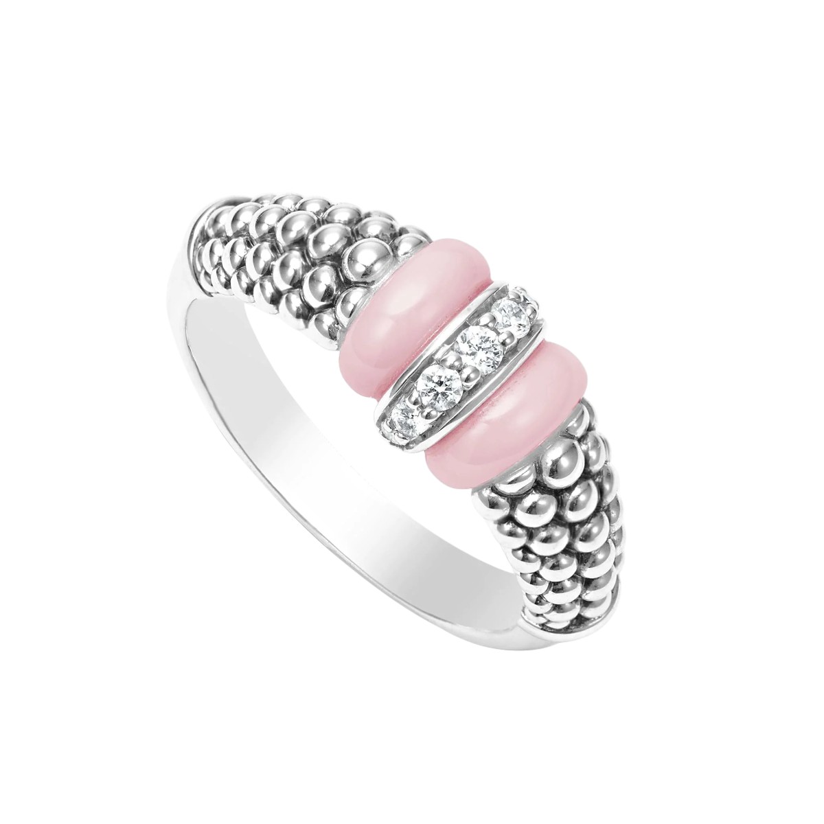LAGOS Diamond & Pink Ceramic Caviar Beaded Ring in Sterling Silver