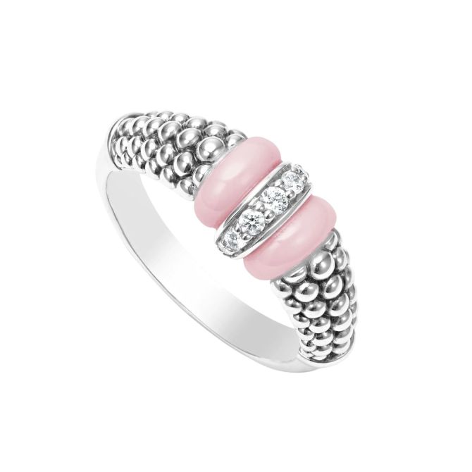 LAGOS Diamond & Pink Ceramic Caviar Beaded Ring in Sterling Silver