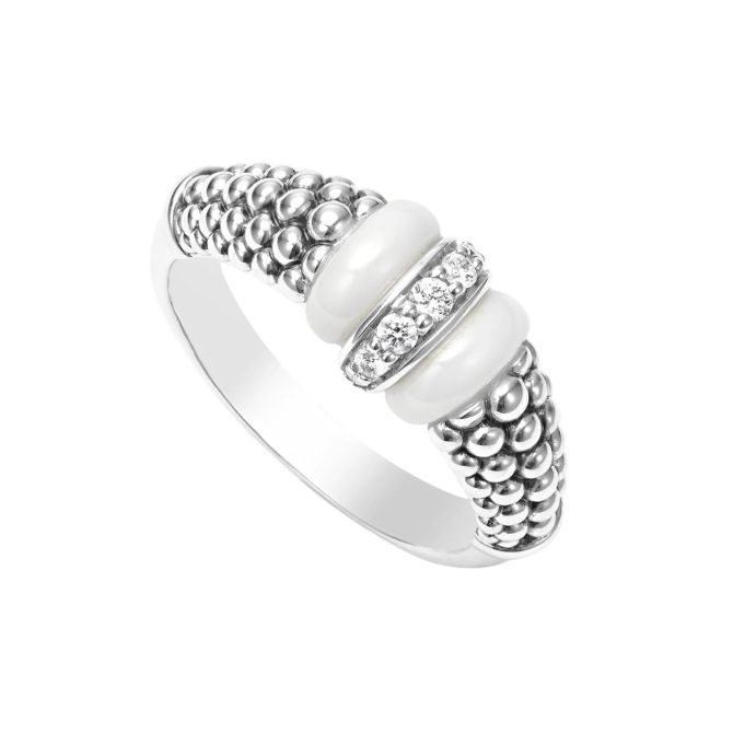 LAGOS Diamond & White Ceramic Caviar Beaded Ring in Sterling Silver
